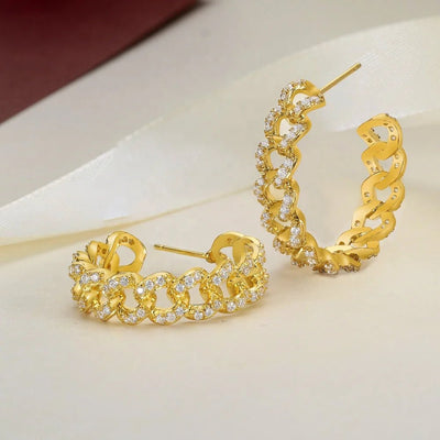 18K gold plated Earrings custom 5A CZ cuban chain link hoop earrings Hollow C Cuban Chain Hoop Stud Earrings Kirin Jewelry