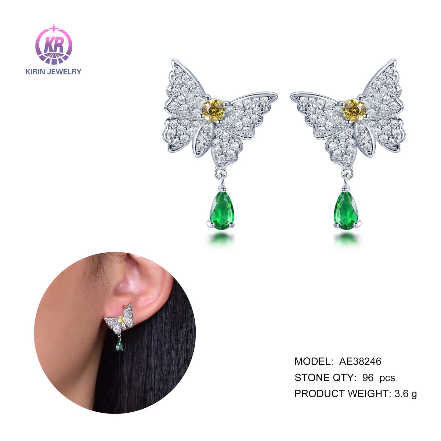 925 Silver CZ Butterfly Drop Earrings with Green Pear Stone | Wholesale Jewelry Supplier