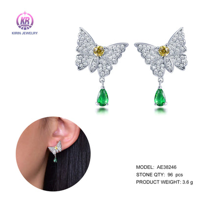925 Silver CZ Butterfly Drop Earrings with Green Pear Stone | Wholesale Jewelry Supplier