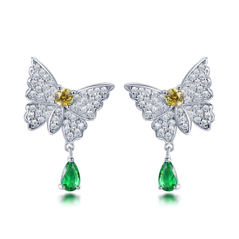 925 Sterling Silver CZ Butterfly Drop Earrings with Green Pear Stone | Jewelry Manufacturer