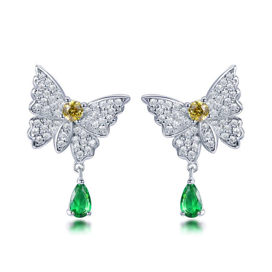 925 Sterling Silver CZ Butterfly Drop Earrings with Green Pear Stone | Jewelry Manufacturer