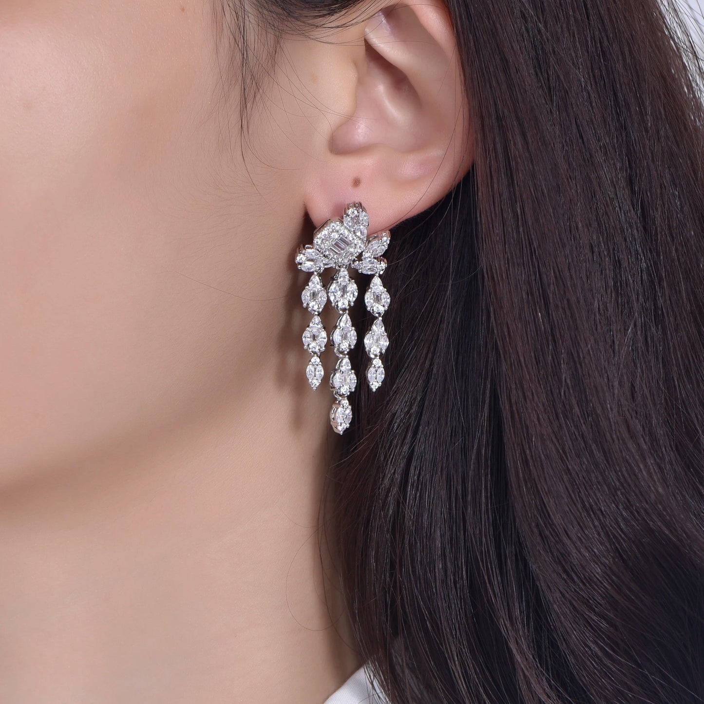 925 Sterling Silver CZ Tassel Long Drop Earrings for Women