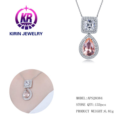 925 Sterling Silver Custom Pink Glass & 3A White Cubic Zirconia Charms Pendant for Jewellery Making Kirin Jewelry