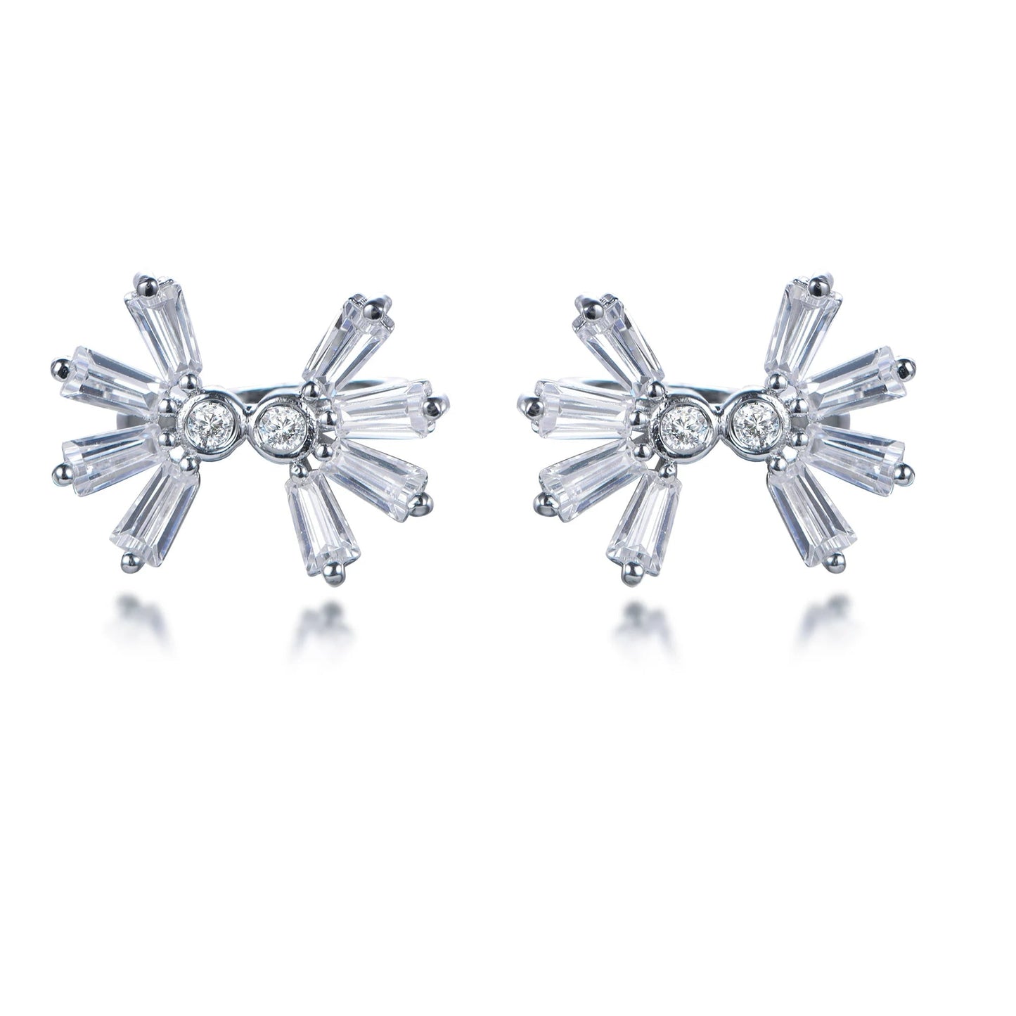 925 Sterling Silver Rhodium Plated Baguette & Round CZ Snowflake Stud Earrings
