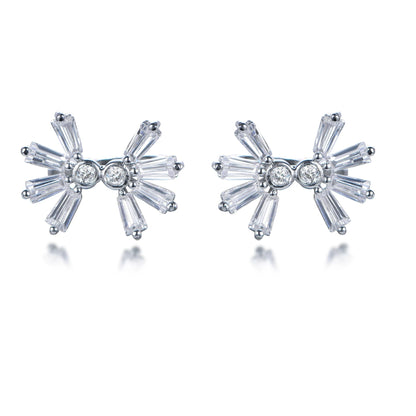 925 Sterling Silver Rhodium Plated Baguette & Round CZ Snowflake Stud Earrings