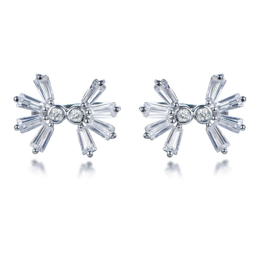 925 Sterling Silver Rhodium Plated Baguette & Round CZ Snowflake Stud Earrings