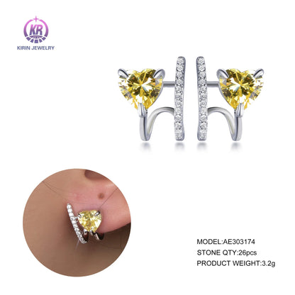 925 Sterling Silver Rhodium Plated CZ Double Layer Heart Stud Earrings for Women-Wholesale
