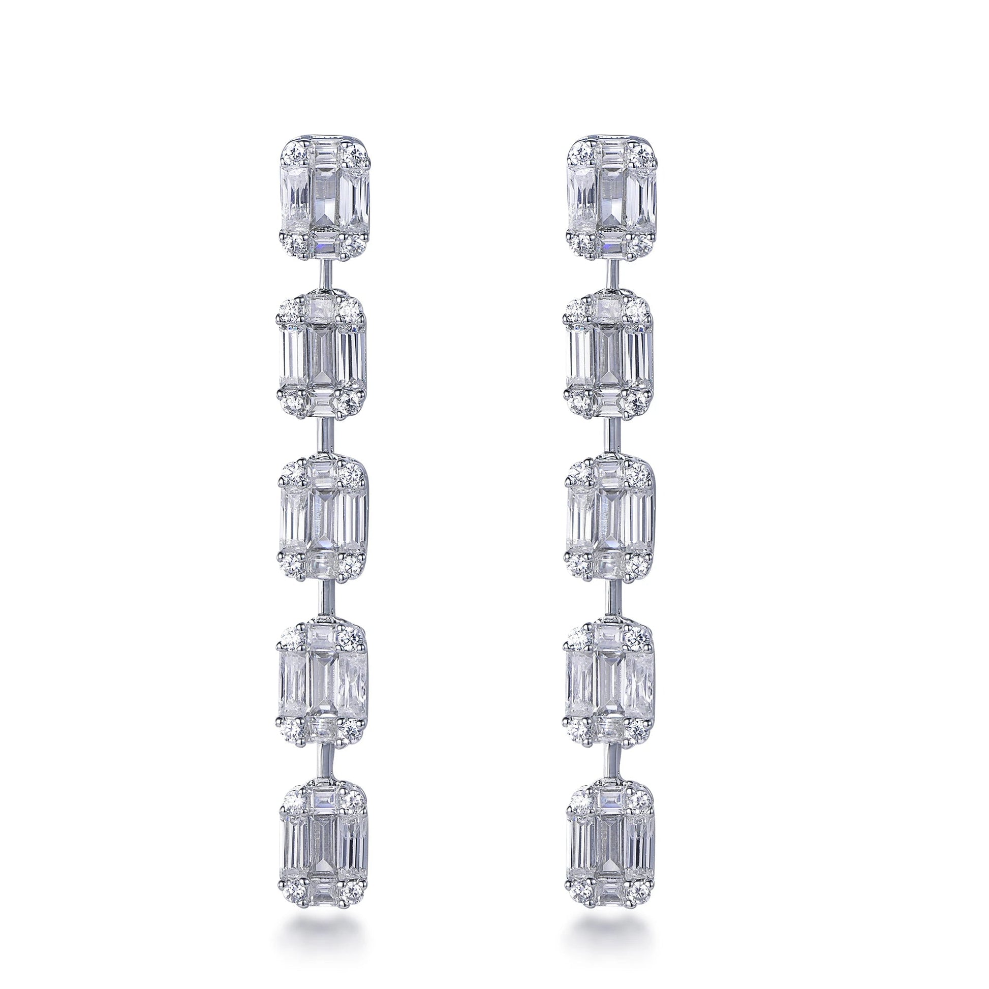 925 Sterling Silver Rhodium Plated CZ Five-Stone Design Long Drop Earrings