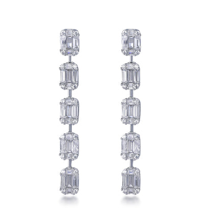 925 Sterling Silver Rhodium Plated CZ Five-Stone Design Long Drop Earrings