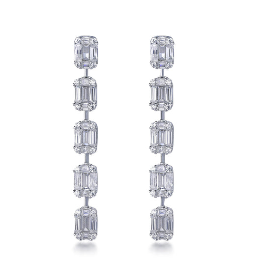 925 Sterling Silver Rhodium Plated CZ Five-Stone Design Long Drop Earrings