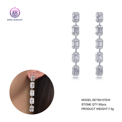 925 Sterling Silver Rhodium Plated CZ Five-Stone Design Long Drop Earrings for Women
