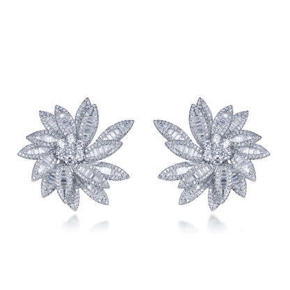 925 Sterling Silver Rhodium Plated CZ Flower Cluster Stud Earrings