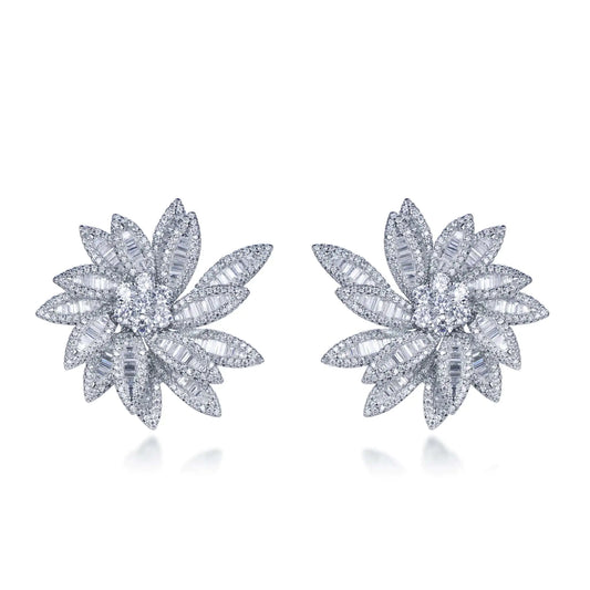 925 Sterling Silver Rhodium Plated CZ Flower Cluster Stud Earrings