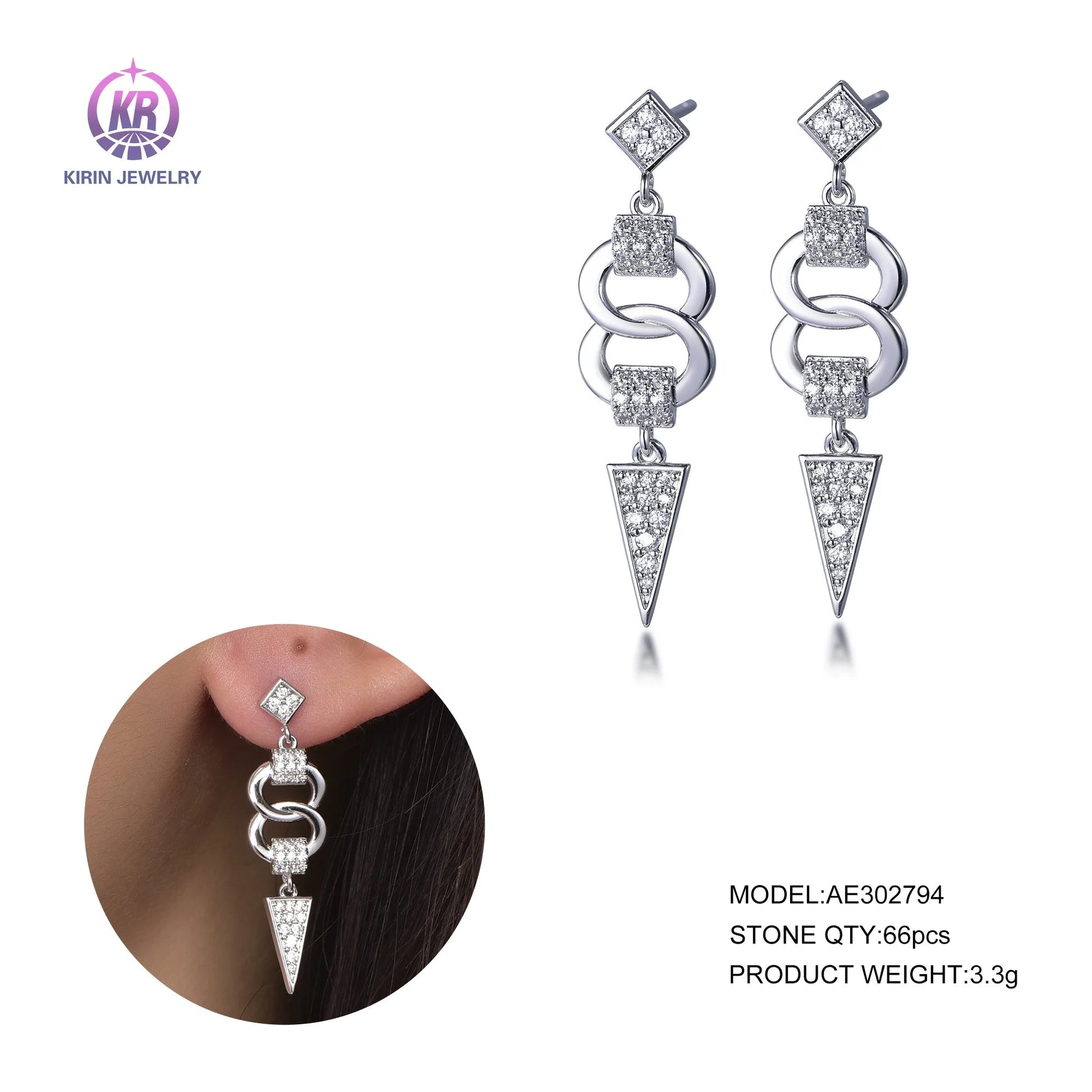 925 Sterling Silver Rhodium Plated CZ Geometric Drop Earrings with Triangle Pendant for Women