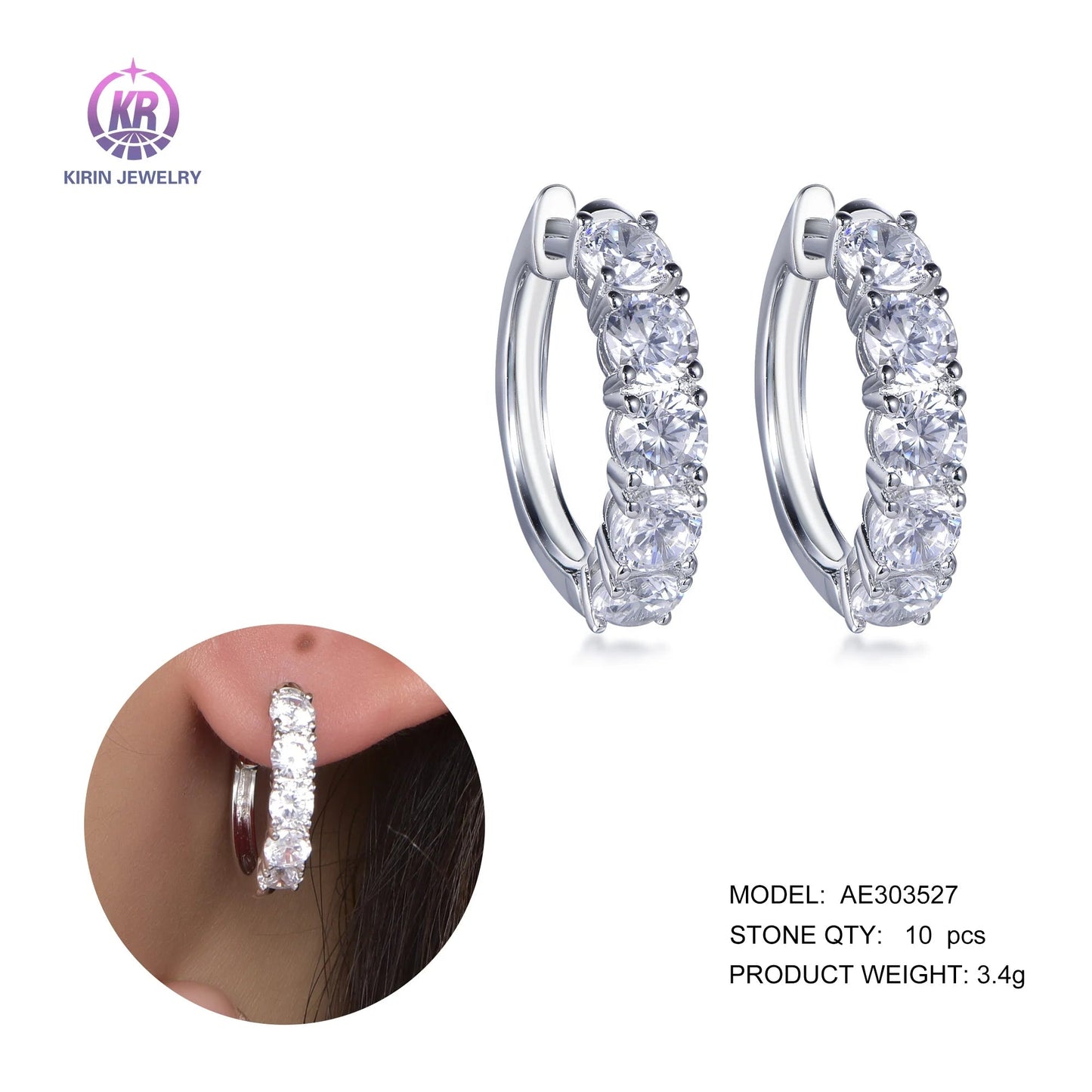 925 Sterling Silver Rhodium Plated CZ Half Eternity Hoop Huggie Earrings for Women-Wholesale