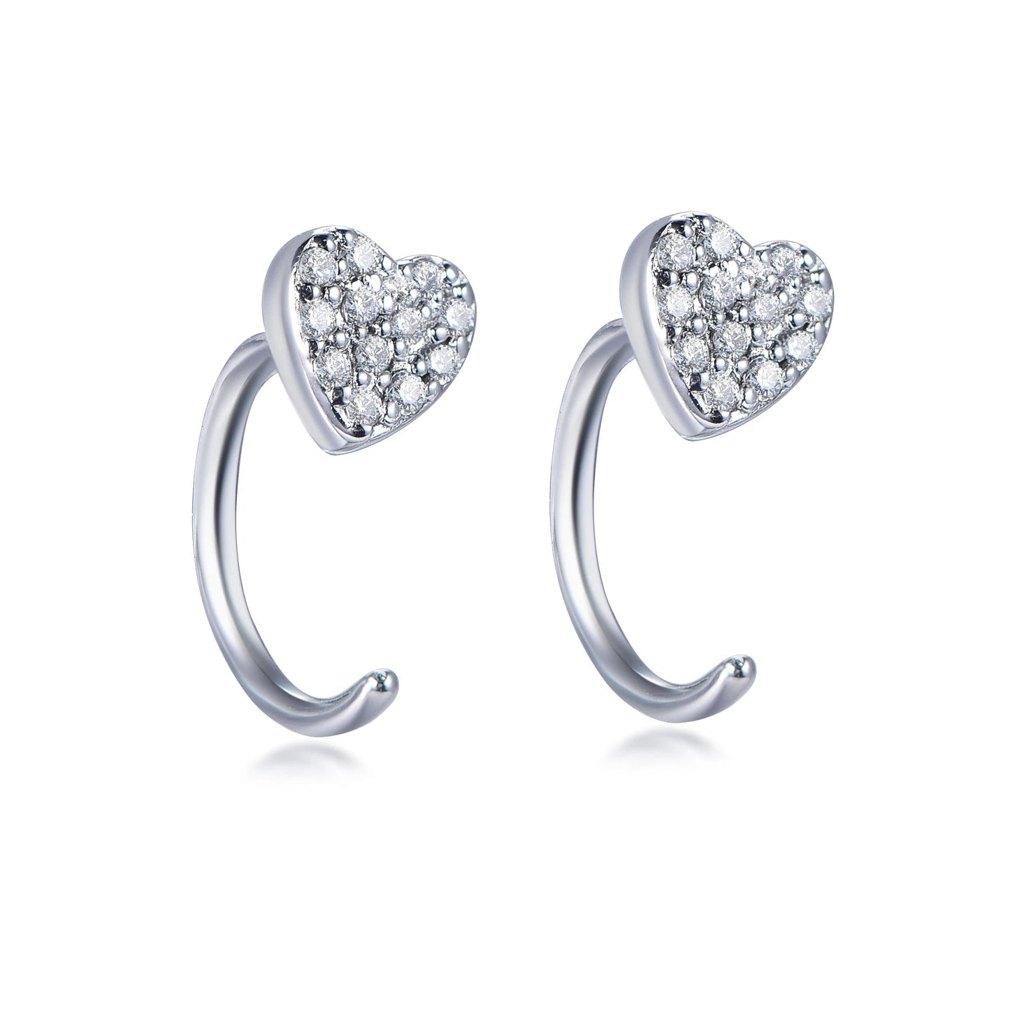 925 Sterling Silver Rhodium Plated CZ Micro Pave Heart Hoop Earrings