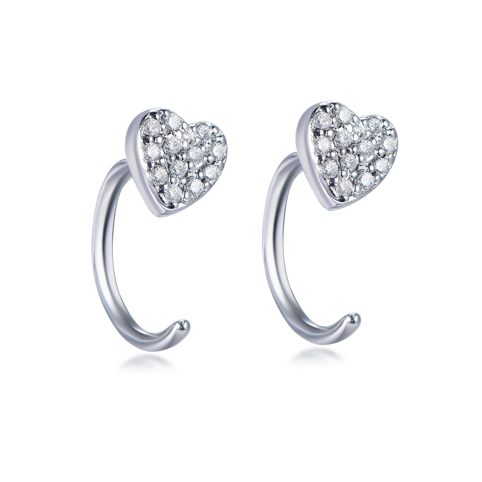 925 Sterling Silver Rhodium Plated CZ Micro Pave Heart Hoop Earrings