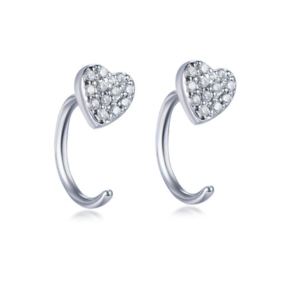 925 Sterling Silver Rhodium Plated CZ Micro Pave Heart Hoop Earrings