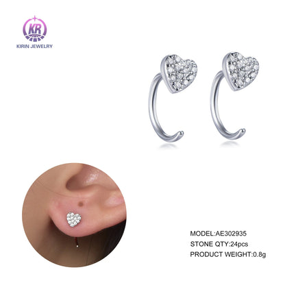 925 Sterling Silver Rhodium Plated CZ Micro Pave Heart Hoop Earrings for Women-Wholesale