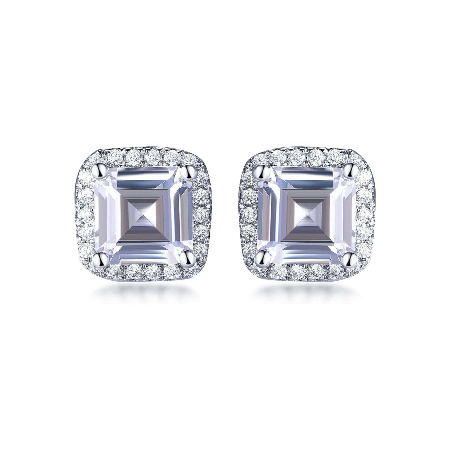 925 Sterling Silver Rhodium Plated CZ Princess Cut Halo Stud Earrings