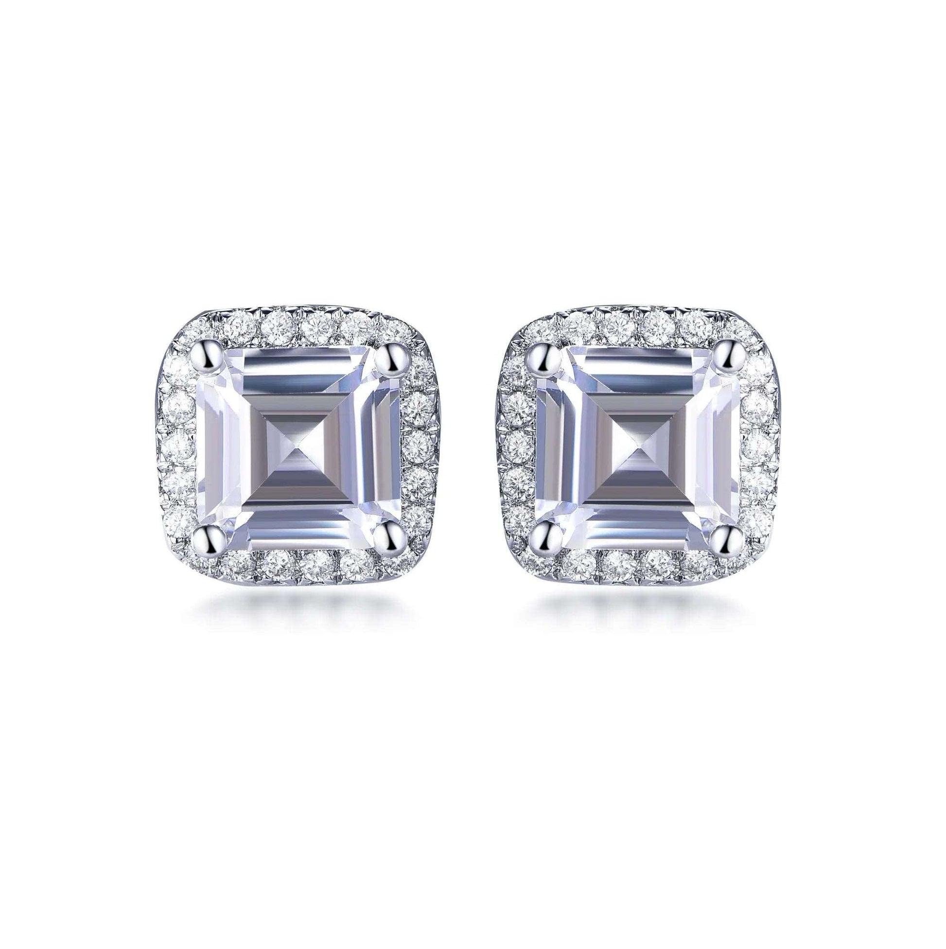 925 Sterling Silver Rhodium Plated CZ Princess Cut Halo Stud Earrings