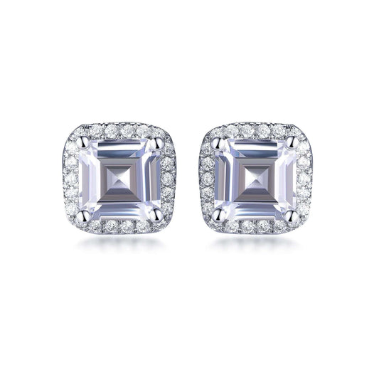 925 Sterling Silver Rhodium Plated CZ Princess Cut Halo Stud Earrings