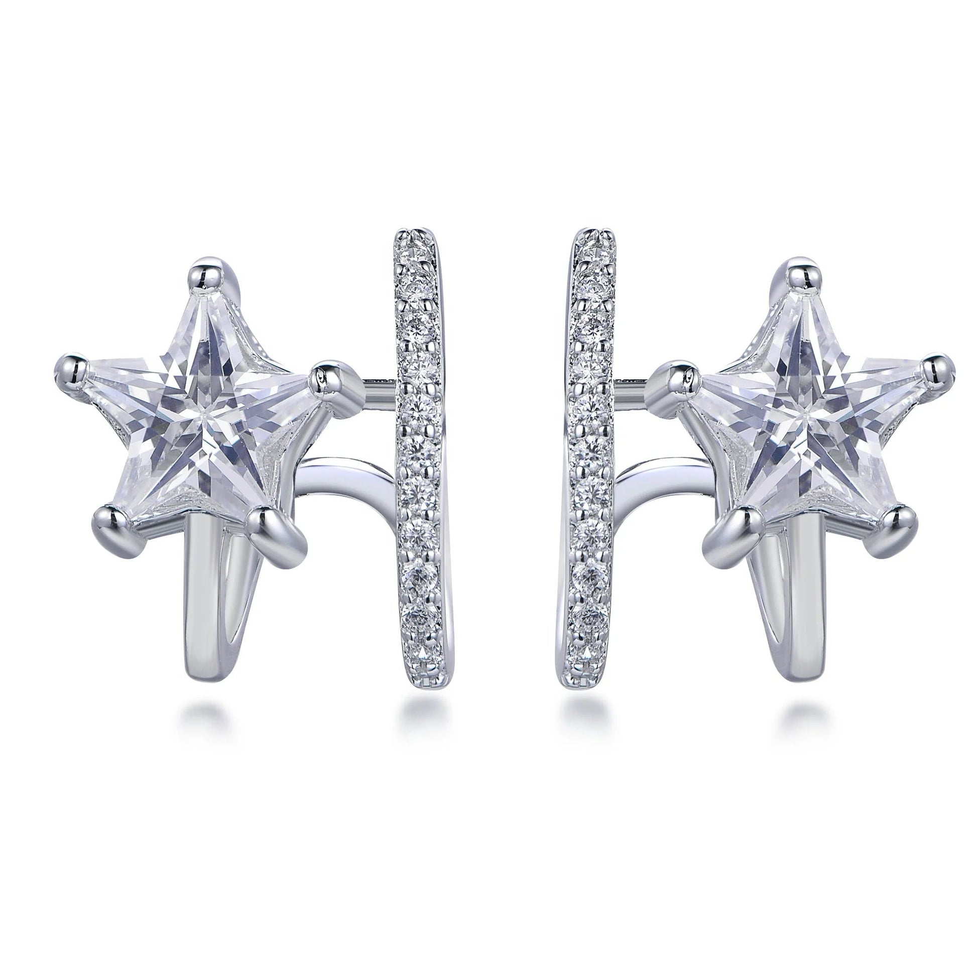 925 Sterling Silver Rhodium Plated CZ Star & Hoop Front Back Earrings