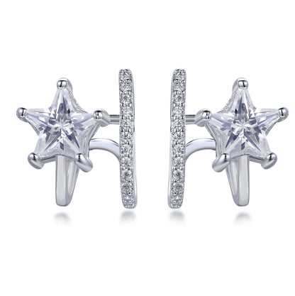 925 Sterling Silver Rhodium Plated CZ Star & Hoop Front Back Earrings