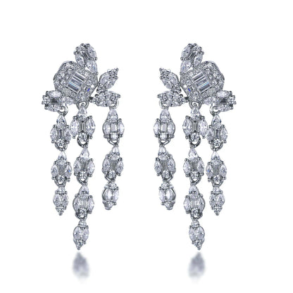 925 Sterling Silver Rhodium Plated CZ Tassel Long Drop Earrings
