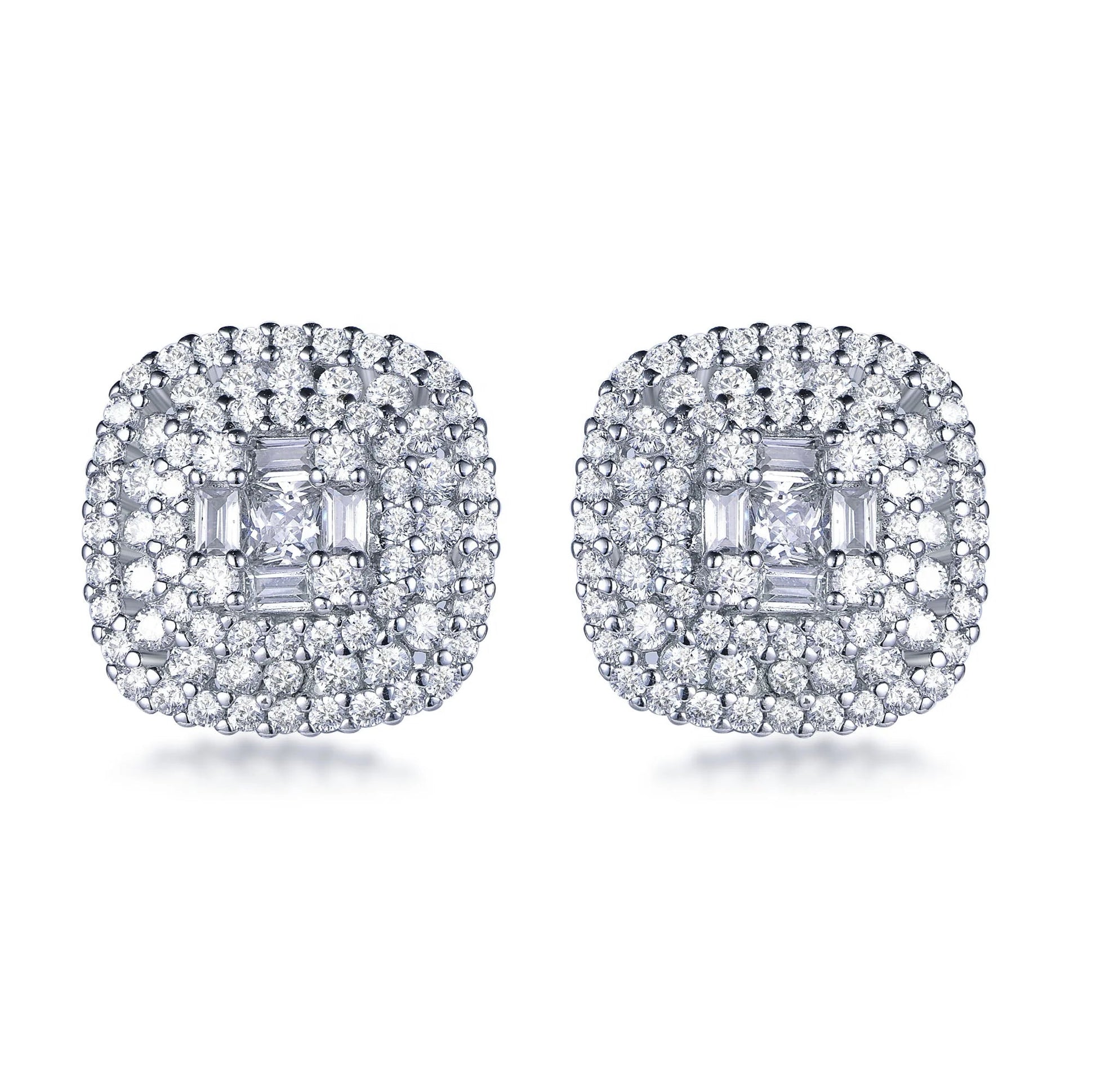 925 Sterling Silver Rhodium Plated Cushion Micro Pave CZ Cluster Stud Earrings