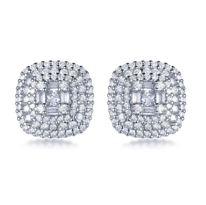 925 Sterling Silver Rhodium Plated Cushion Micro Pave CZ Cluster Stud Earrings