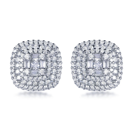 925 Sterling Silver Rhodium Plated Cushion Micro Pave CZ Cluster Stud Earrings