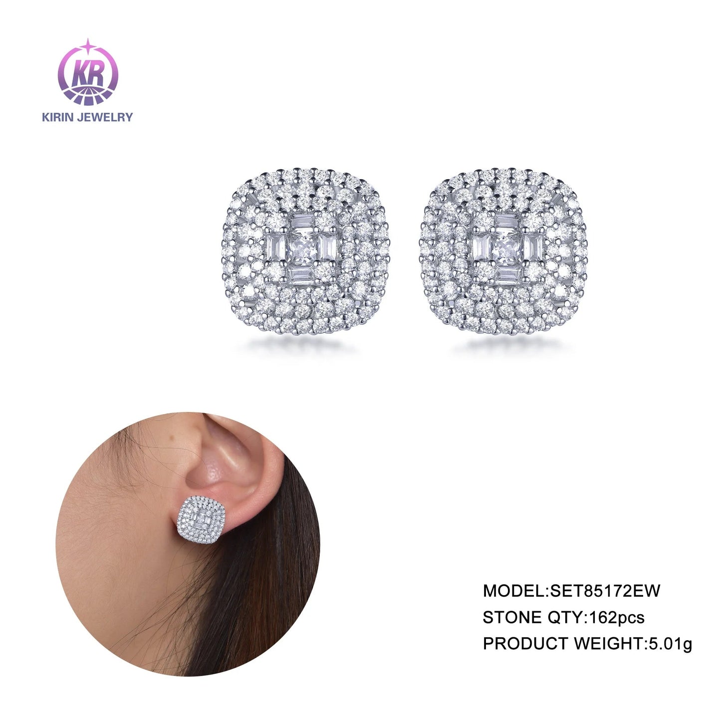 925 Sterling Silver Rhodium Plated Cushion Micro Pave CZ Cluster Stud Earrings for Women