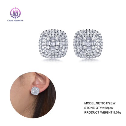 925 Sterling Silver Rhodium Plated Cushion Micro Pave CZ Cluster Stud Earrings for Women