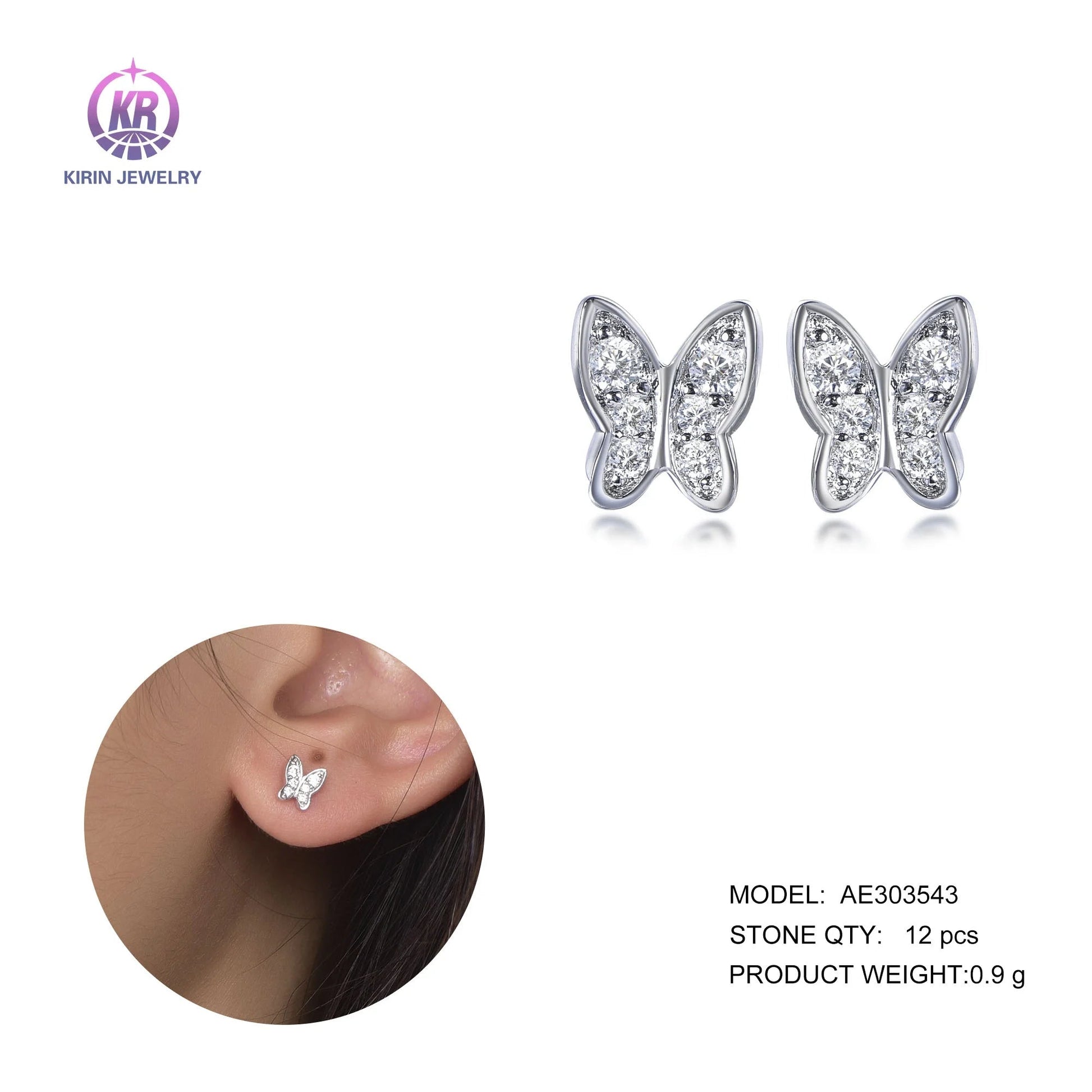 925 Sterling Silver Rhodium Plated Micro Pave CZ Butterfly Stud Earrings for Women-Wholesale
