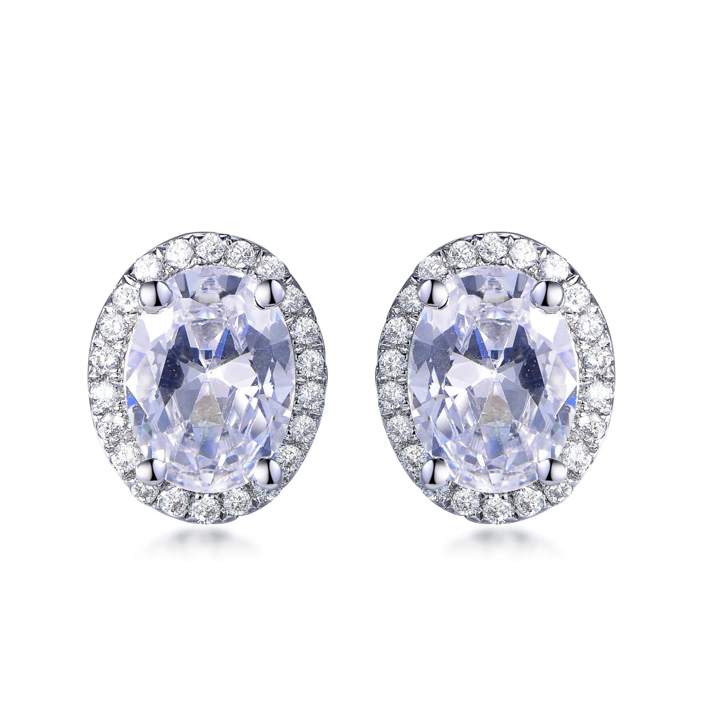 925 Sterling Silver Rhodium Plated Oval CZ Halo Stud Earrings
