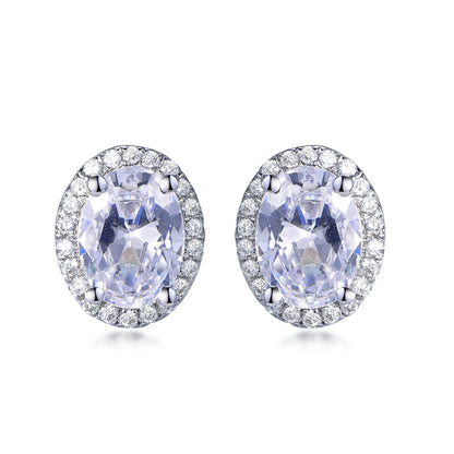 925 Sterling Silver Rhodium Plated Oval CZ Halo Stud Earrings