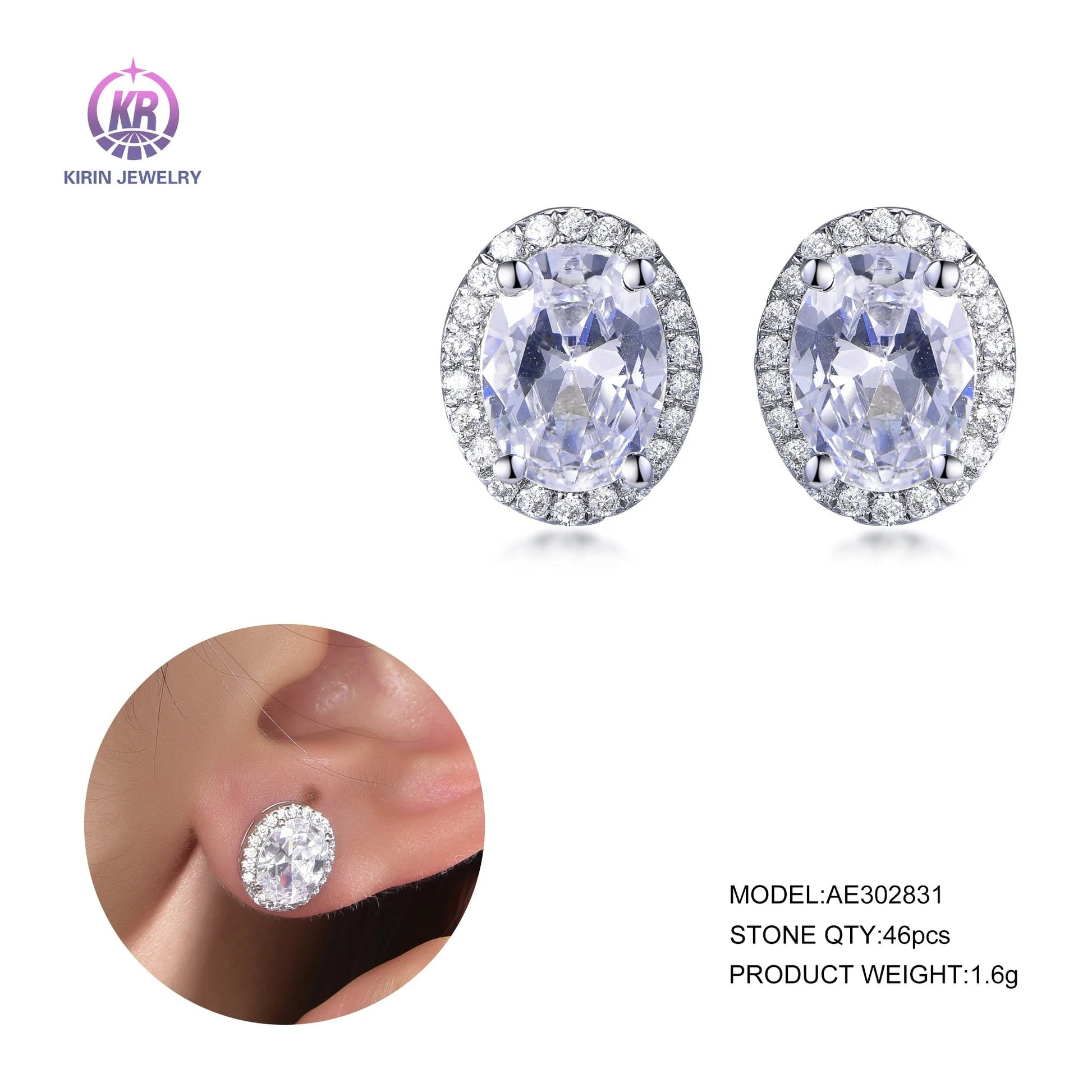 925 Sterling Silver Rhodium Plated Oval CZ Halo Stud Earrings for Women-Wholesale