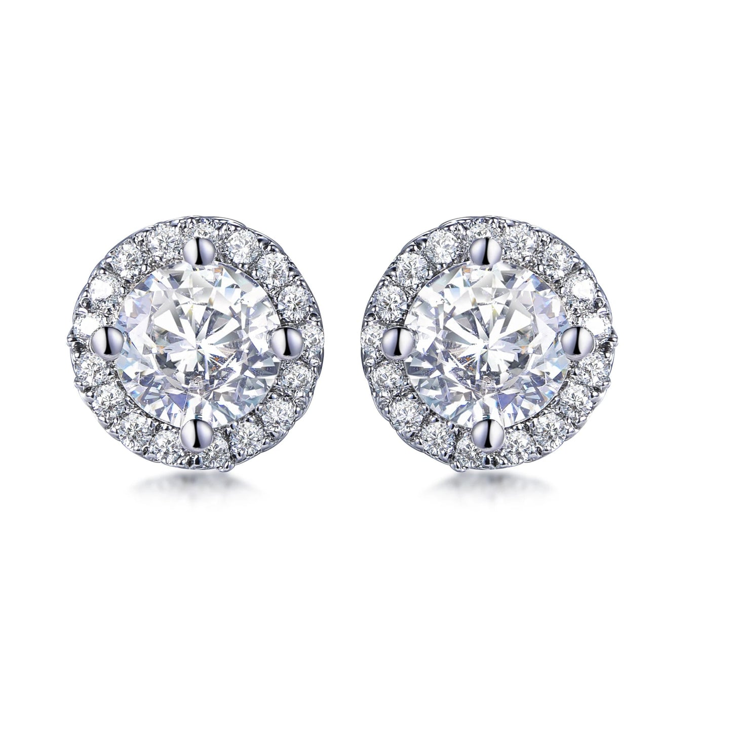 925 Sterling Silver Rhodium Plated Round CZ Halo Stud Earrings