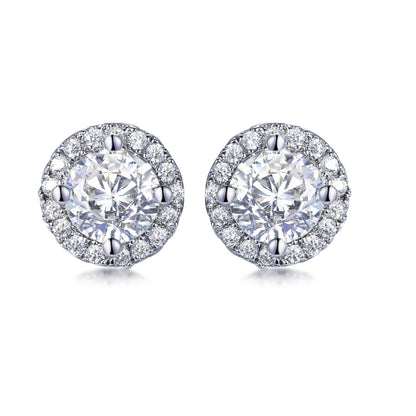 925 Sterling Silver Rhodium Plated Round CZ Halo Stud Earrings