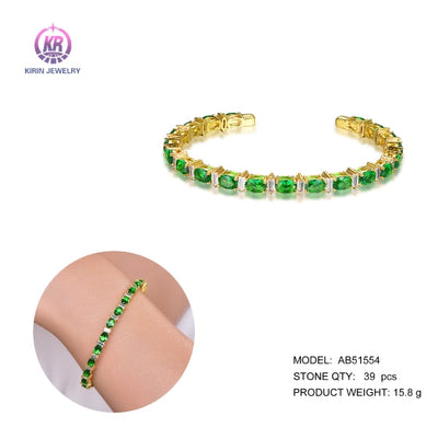 925 silver bangle with 14K gold plating emerald CZ 51554 Kirin Jewelry