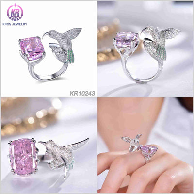 925 silver bird ring with rhodium plating pink CZ 10243 Kirin Jewelry