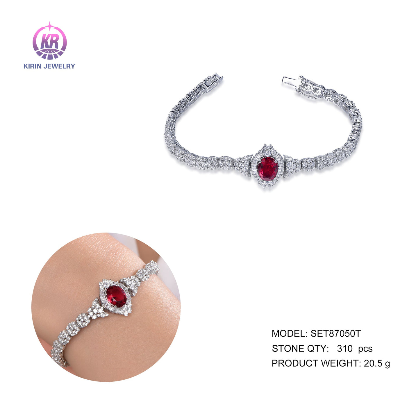 925 silver bracelet with rhodium plating ruby CZ 87050 Kirin Jewelry