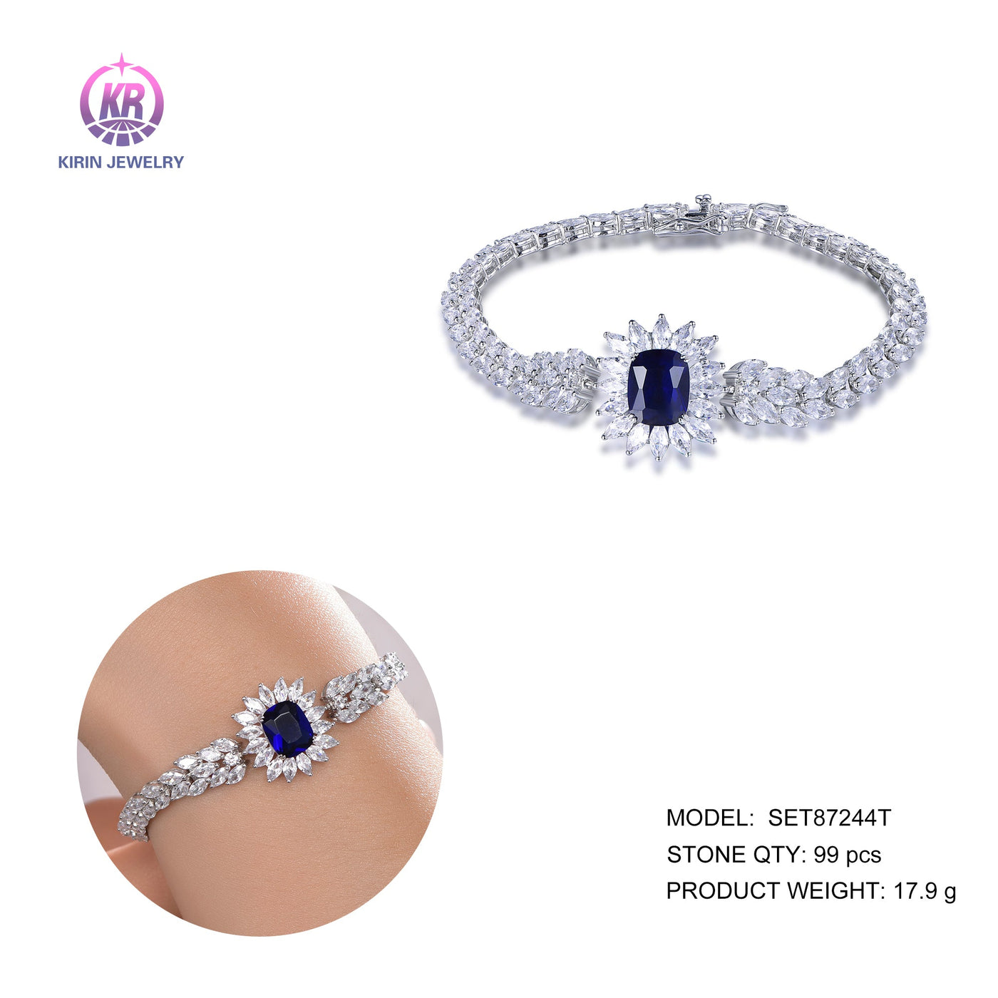 925 silver bracelet with rhodium plating sapphire CZ 87244 Kirin Jewelry