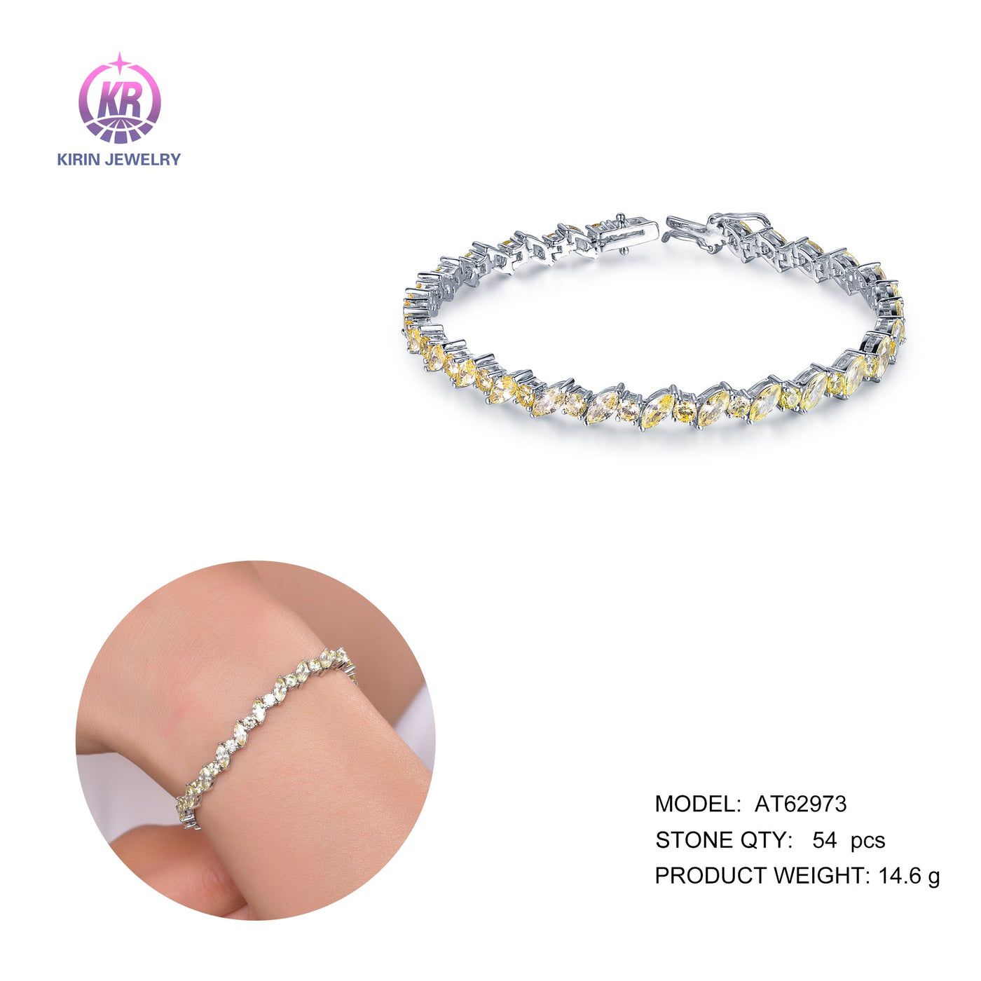 925 silver bracelet with rhodium plating yellow CZ 62973 Kirin Jewelry