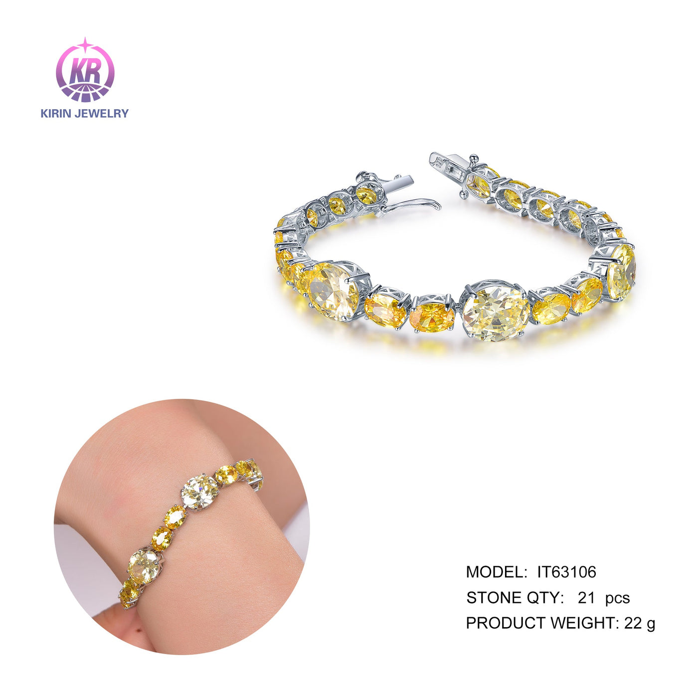925 silver bracelet with rhodium plating yellow CZ 63106 Kirin Jewelry