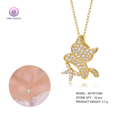 925 silver cat necklace with 14K gold plating CZ 87129 Kirin Jewelry