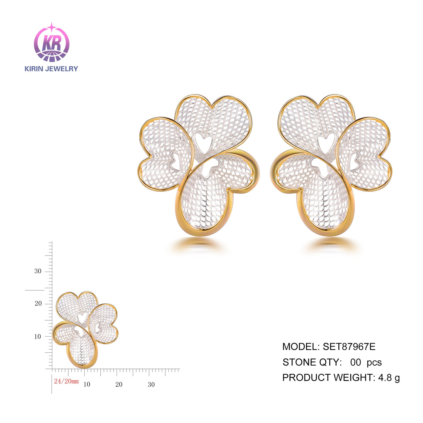 925 silver earrings with 2-tone plating rhodium and 14K gold SET87967E Kirin Jewelry
