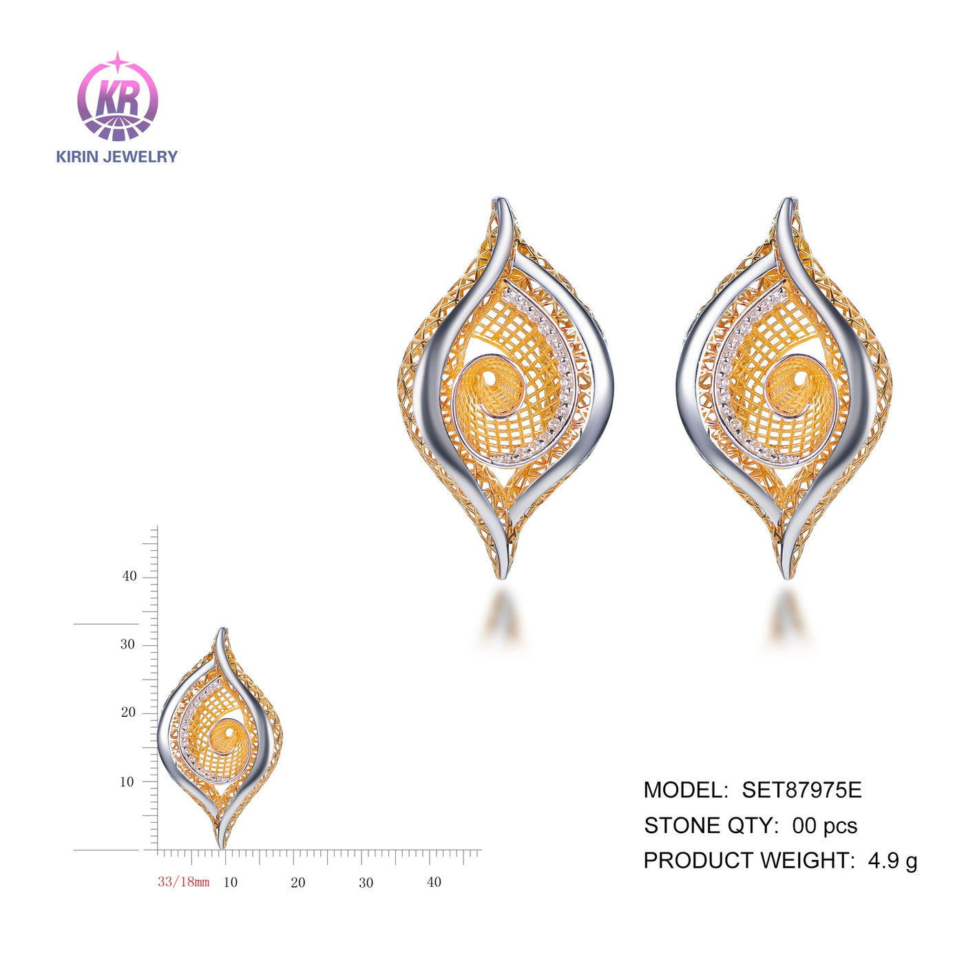 925 silver earrings with 2-tone plating rhodium and 14K gold SET87975E Kirin Jewelry