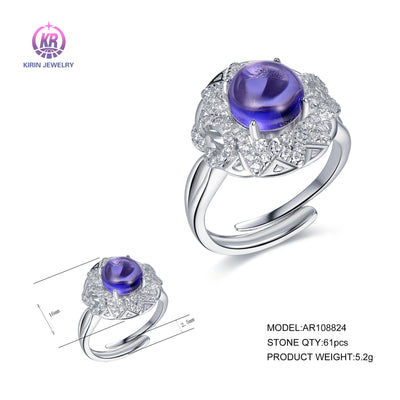 925 silver flower rings with rhodium plating purple CZ 108824 Kirin Jewelry